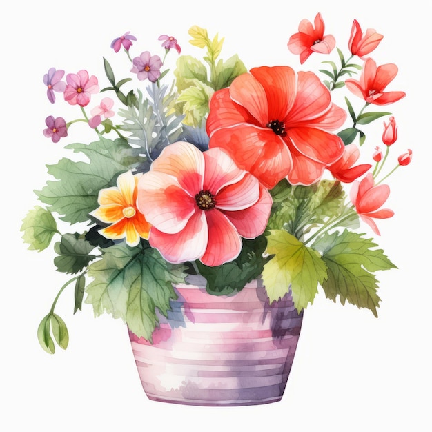 Illustrazione dell'acquerello di un vaso di fiori con fiori colorati e foglie verdi