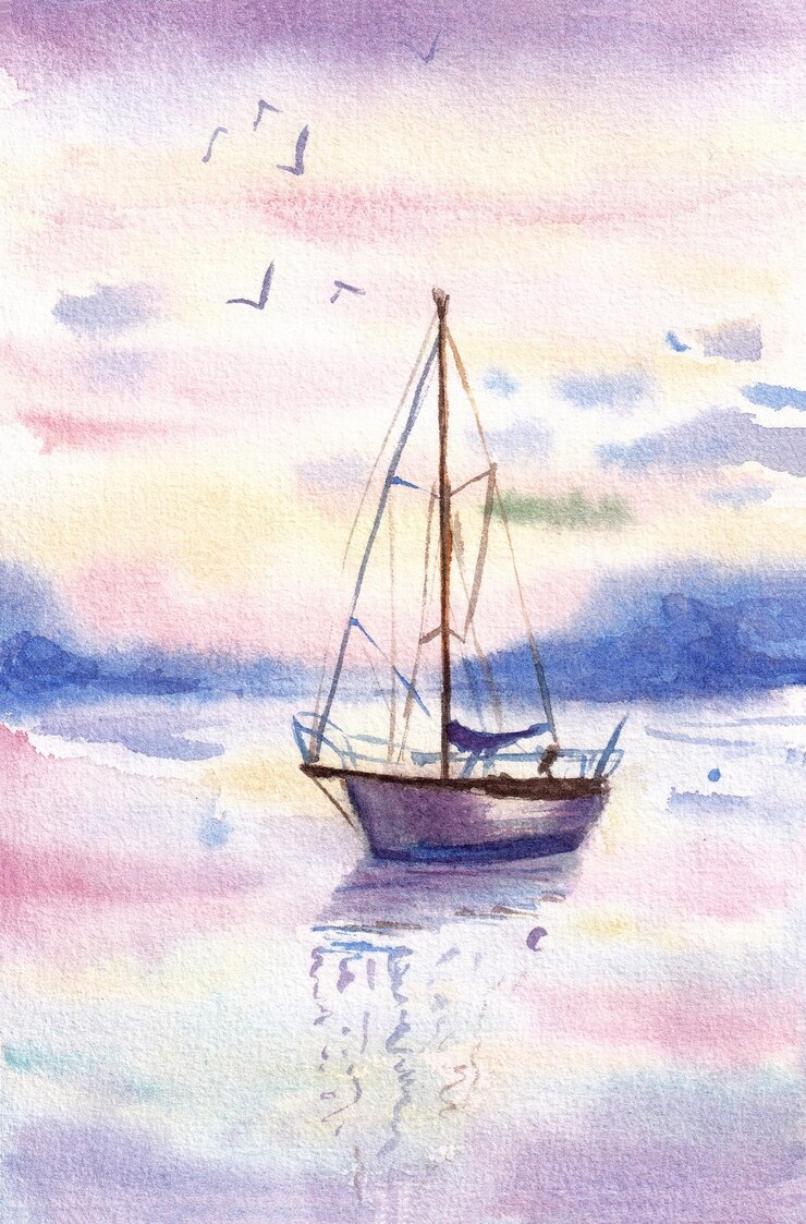 Illustrazione dell'acquerello di una barca a vela sul mare nel tramonto