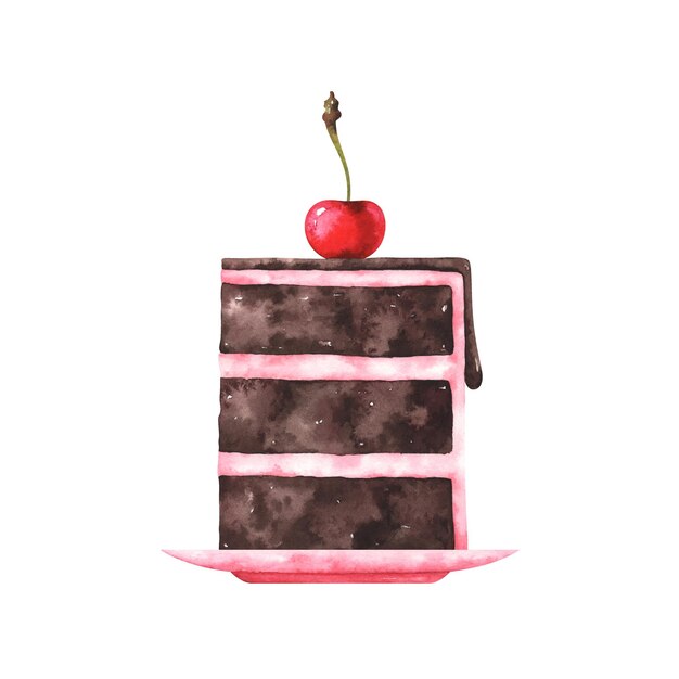 Illustrazione dell'acquerello dipinto a mano di un pezzo di torta al cioccolato isolato su priorità bassa bianca