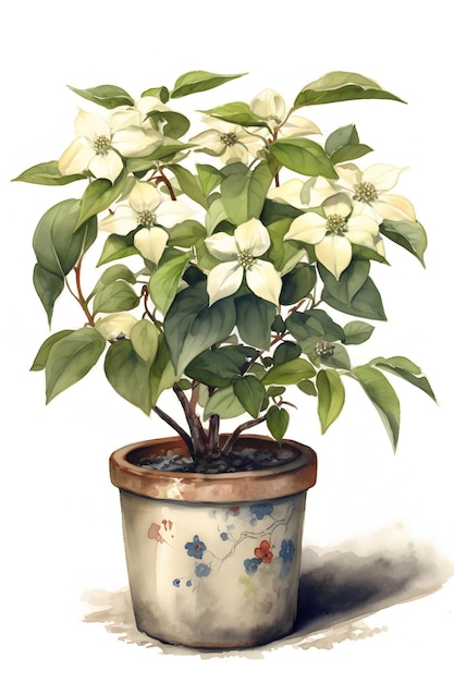 Illustrazione dell'acquerello giapponese Kousa Dogwood per la decorazione domestica botanica e serena AI generativa