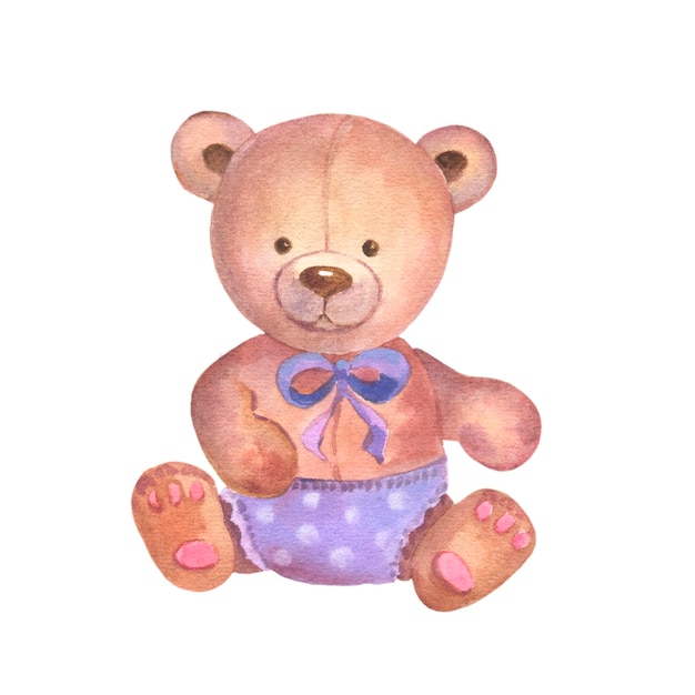 Illustrazione dell'acquerello giocattolo del bambino Orso di arredamento della scuola materna Disegnato a mano isolato su sfondo bianco