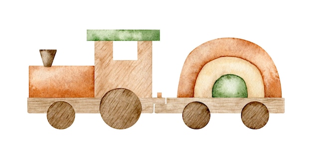 Illustrazione dell'acquerello giocattolo per bambini eco Decorazione vivaio treno in legno Disegnato a mano