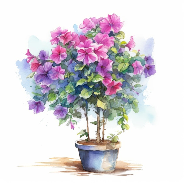 Illustrazione dell'acquerello in vaso di fiori di ibisco viola