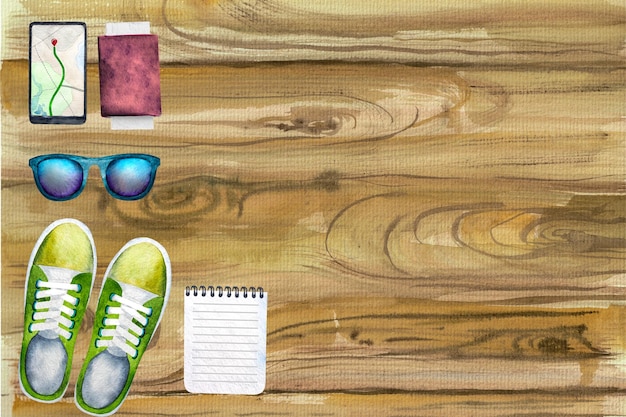 Illustrazione dell'acquerello passaporto e carta d'imbarco occhiali da solenotebook e telefono e scarpe da ginnastica su uno sfondo di legno