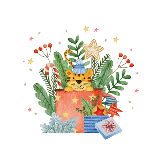 Illustrazione dell'acquerello per il nuovo anno della cartolina d'auguri di felice festa di natale della tigre