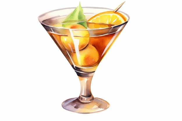 Illustrazione dell'acquerello tini cocktail nel bicchiere con fetta d'arancia