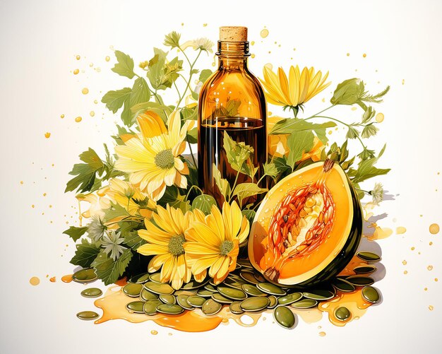 Illustrazione dell'acquerello zucca olio di semi di zucca in una bottiglia di olio spruzza banner di alimentazione sana generato dall'intelligenza artificiale
