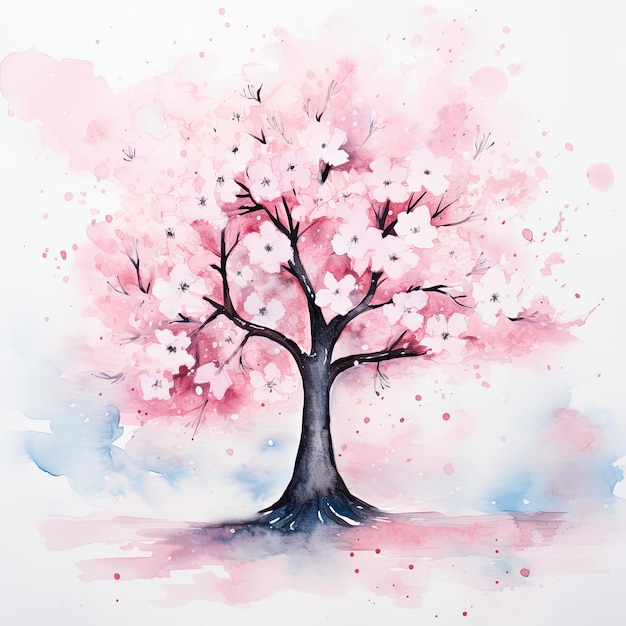 Illustrazione dell'albero dell'acquerello singolo disegno rosa fioritura sakura albero isolato su priorità bassa bianca