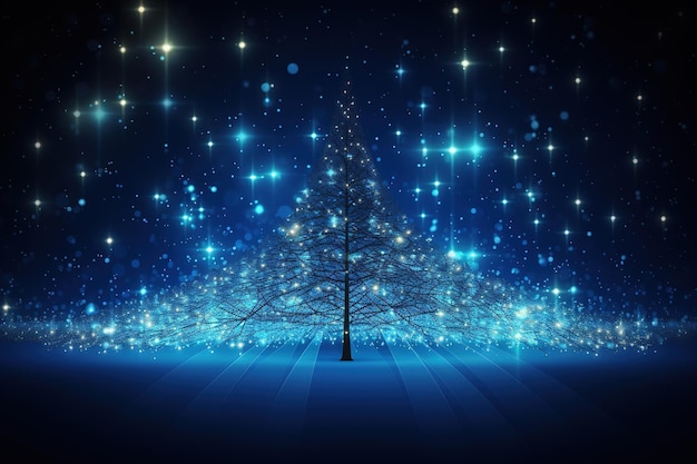 Illustrazione dell'albero di Natale con linee di connessione neurale blu e punti luminosi Generative Ai