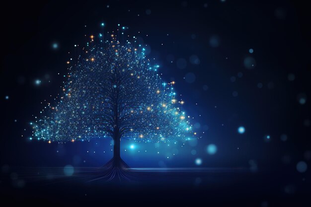 Illustrazione dell'albero di Natale con linee di connessione neurale blu e punti luminosi Generative Ai