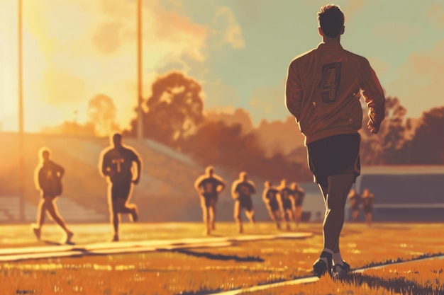 Illustrazione dell'allenamento della squadra di atletica leggera dei giocatori di calcio in corsa al tramonto