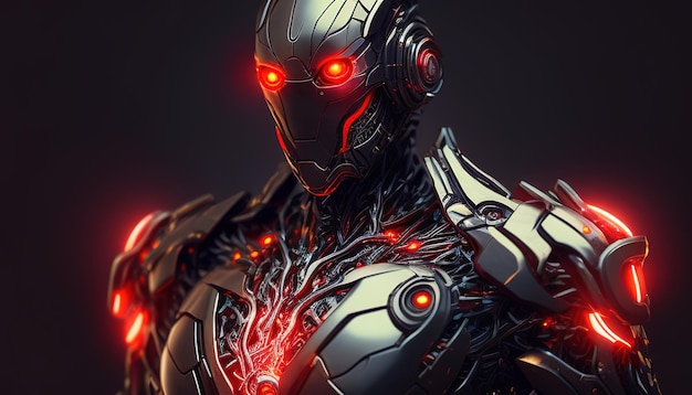 Illustrazione dell'arte digitale con luce al neon rossa Cyborg AI generativa