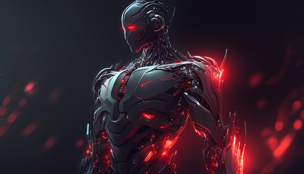 Illustrazione dell'arte digitale con luce al neon rossa Cyborg AI generativa