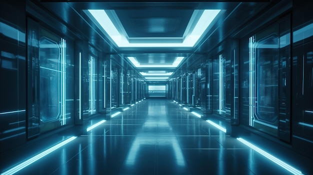 Illustrazione dell'arte digitale del corridoio con pannello in vetro blu IA generativa