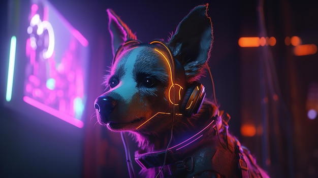 Illustrazione dell'arte digitale del ritratto del cane cyberpunk AI generativa