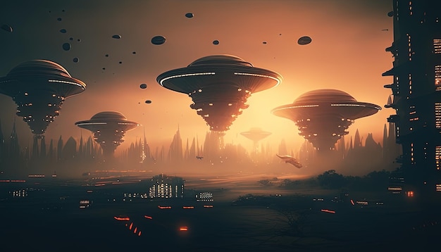 Illustrazione dell'arte digitale dell'apocalisse dell'invasione aliena AI generativa