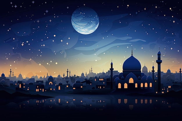 Illustrazione dell'atmosfera delle notti del Ramadan con una moschea sotto un cielo stellato