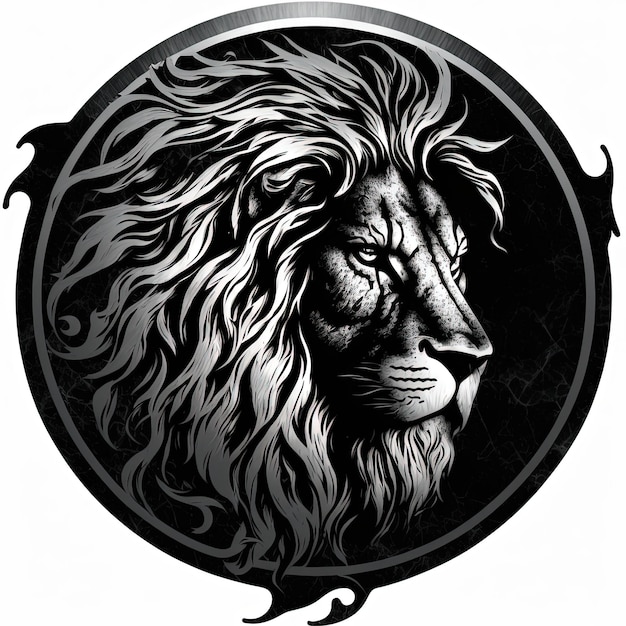 Illustrazione dell'emblema, amuleto del leone in cerchio d'argento, logo, sfondo bianco. IA generativa