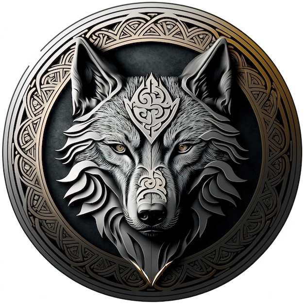 Illustrazione dell'emblema, amuleto del lupo in cerchio d'argento, logo, sfondo bianco. IA generativa