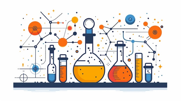 Illustrazione dell'esperimento scientifico con bicchieri e molecole per la Giornata Nazionale della Scienza