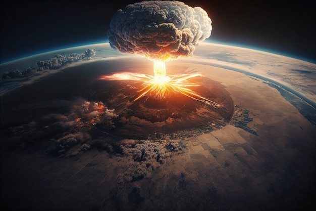 Illustrazione dell'esplosione nucleare sul pianeta terra vista dal concetto di apocalisse spaziale IA generativa