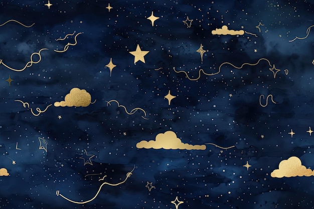 Illustrazione dell'IA generativa motivo blu scuro senza cuciture con costellazioni in lamina d'oro stelle e nuvole Sfondo acquerello del cielo notturno