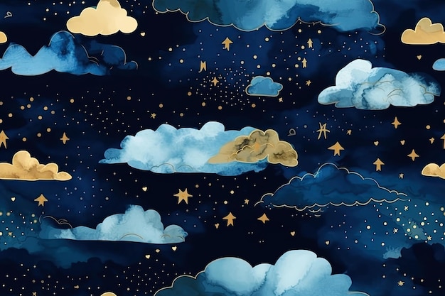 Illustrazione dell'IA generativa motivo blu scuro senza cuciture con costellazioni in lamina d'oro stelle e nuvole Sfondo acquerello del cielo notturno