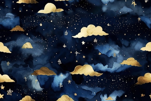 Illustrazione dell'IA generativa motivo senza giunture del cielo notturno con costellazioni in lamina d'oro stelle e nuvole Sfondo acquerello del cielo notturno