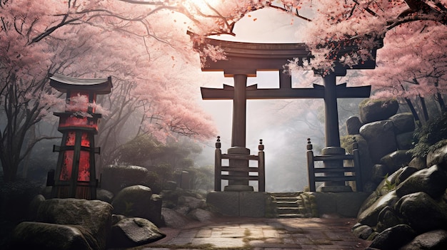 illustrazione dell'immagine atmosferica di un cancello torii che conduce a uno Shint