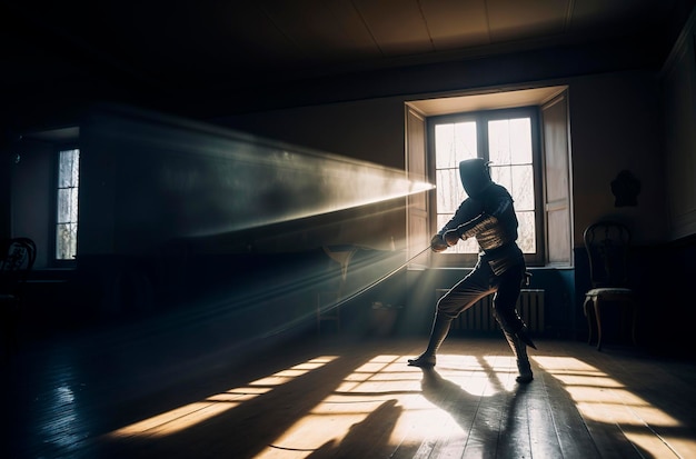 Illustrazione dell'intelligenza artificiale generativa dell'uomo che si allena alla scherma in una stanza buia con raggi di luce che entrano da una finestra