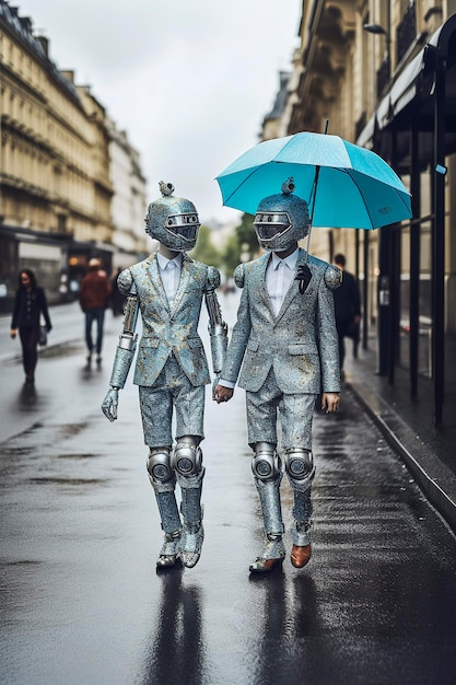 Illustrazione dell'intelligenza artificiale generativa di una coppia di robot di intelligenza artificiale uomo e donna innamorati vestiti con abiti alla moda con occhiali da sole, cappello e ombrello che camminano per le strade