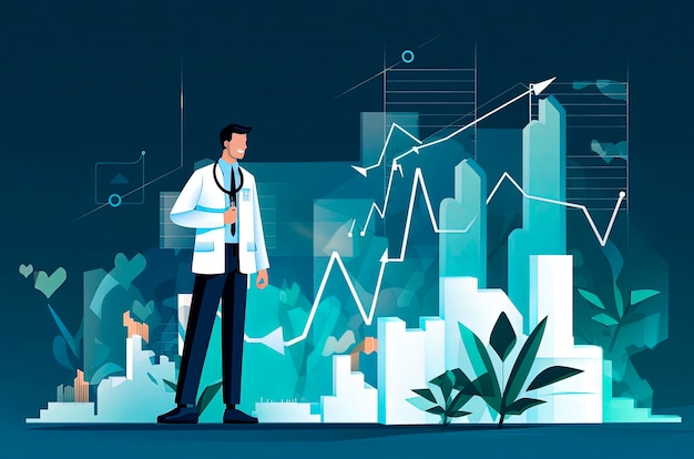 Illustrazione dell'intelligenza artificiale generativa Grafico aziendale sanitario e dati della crescita del business medico Piano aziendale finanziario