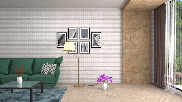 Illustrazione dell'interno del soggiorno. Rendering 3D