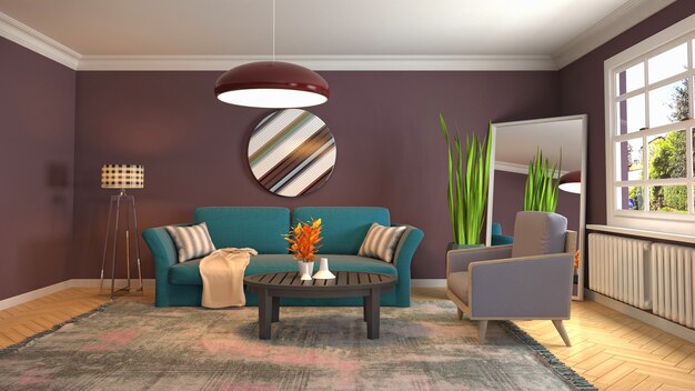 Illustrazione dell'interno del soggiorno. Rendering 3D