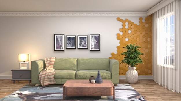 Illustrazione dell'interno del soggiorno. Rendering 3D