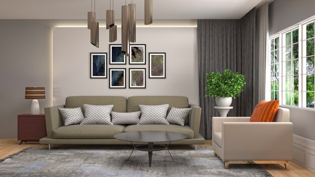 Illustrazione dell'interno del soggiorno. Rendering 3D