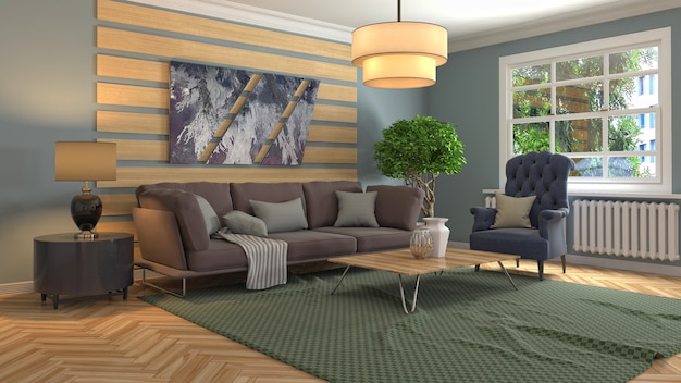 Illustrazione dell'interno del soggiorno. Rendering 3D