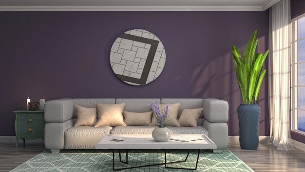 Illustrazione dell'interno del soggiorno. Rendering 3D