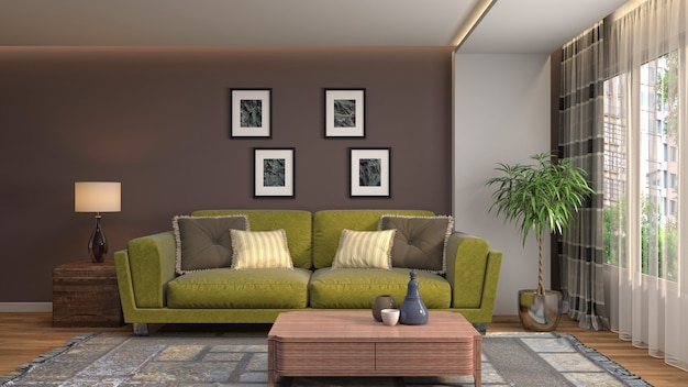 Illustrazione dell'interno del soggiorno. Rendering 3D
