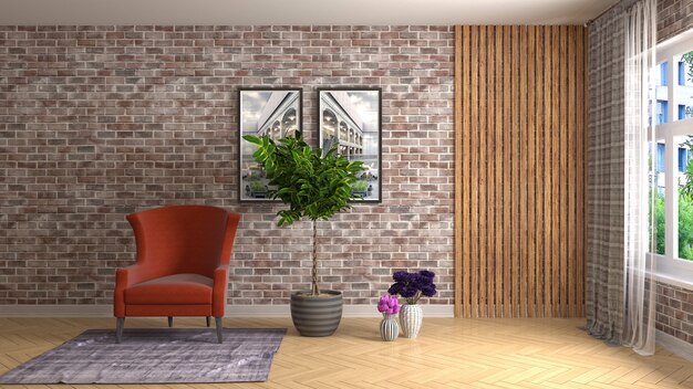 Illustrazione dell'interno del soggiorno. Rendering 3D