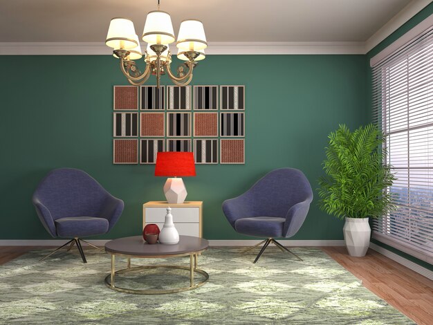 Illustrazione dell'interno del soggiorno. Rendering 3D