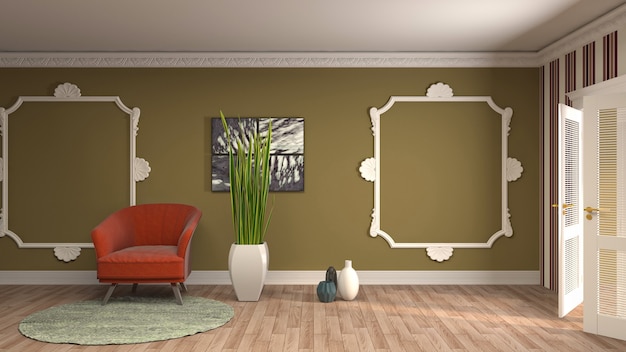 Illustrazione dell'interno del soggiorno. Rendering 3D