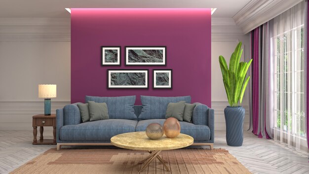 Illustrazione dell'interno del soggiorno. Rendering 3D