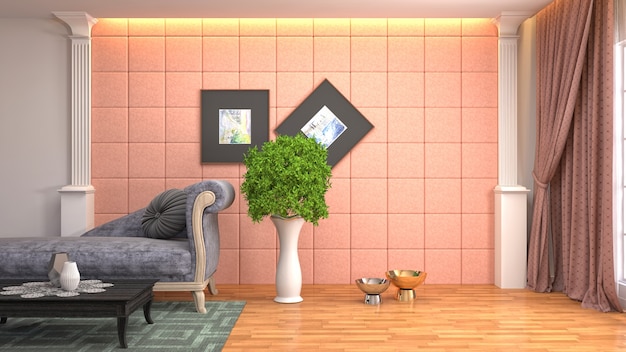 Illustrazione dell'interno del soggiorno. Rendering 3D