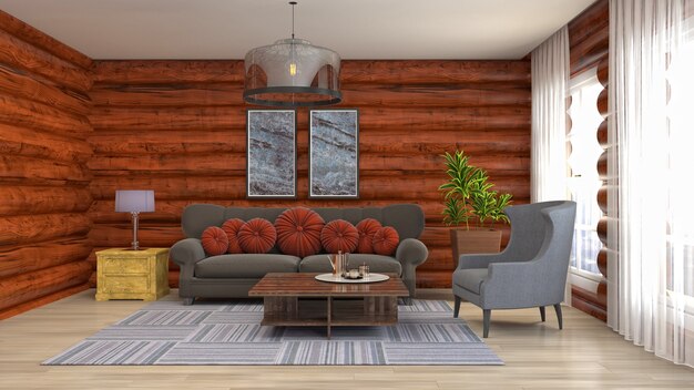 Illustrazione dell'interno del soggiorno. Rendering 3D