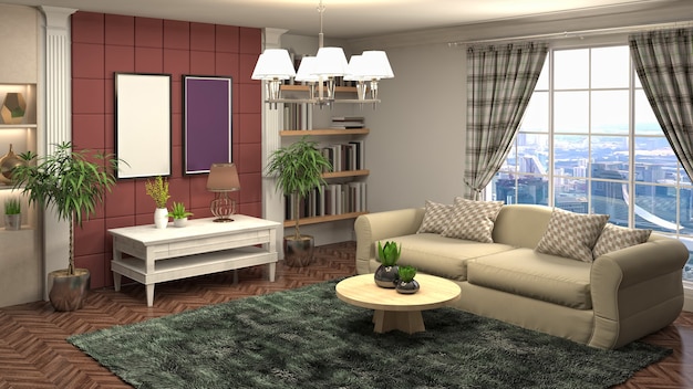 Illustrazione dell'interno del soggiorno. Rendering 3D