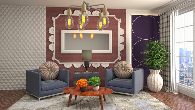 Illustrazione dell'interno del soggiorno. Rendering 3D