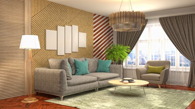 Illustrazione dell'interno del soggiorno. Rendering 3D