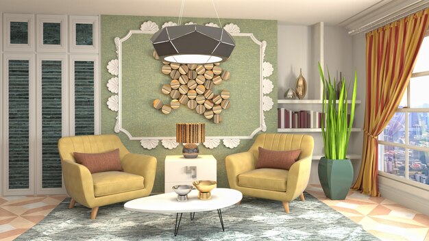 Illustrazione dell'interno del soggiorno. Rendering 3D