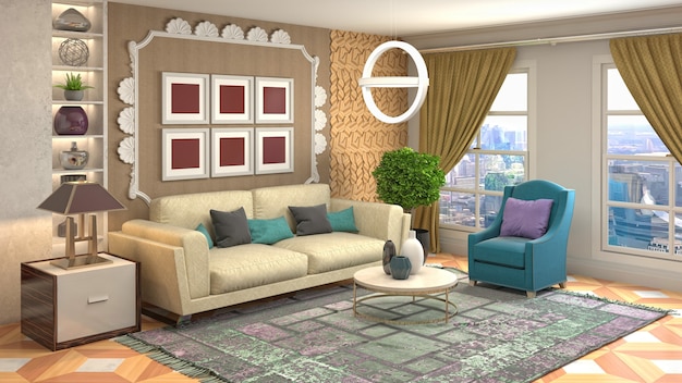 Illustrazione dell'interno del soggiorno. Rendering 3D